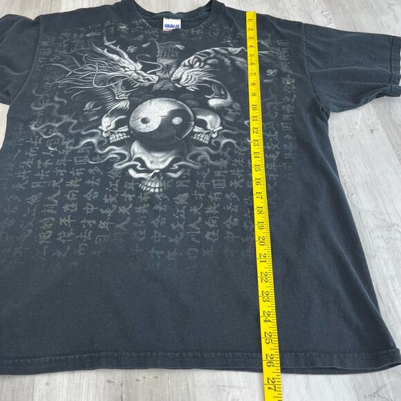 Y2K Dragon Vs Tiger Yin Yang Black White Liquid Blue Graphic T-Shirt 2000s Large - Picture 9 of 10